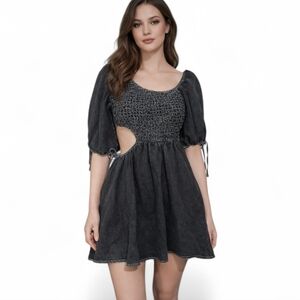 SOFIE THE LABEL Black Jean Smocked Cutout Mini Dress Puff Sleeve. Size S.NWT
